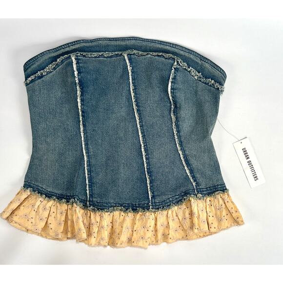 VTG Denim Corset Strapless Y2K Blue XL Baddie Strapless Peplum Frill Tube Top - Picture 4 of 10